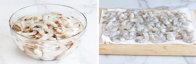 Crevettes decongelees dans un bol equeutees sechees sur du papier absorbant