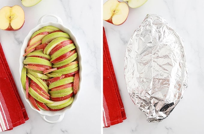 Pommes dans le plat - couvrir avec du papier aluminium avant cuisson