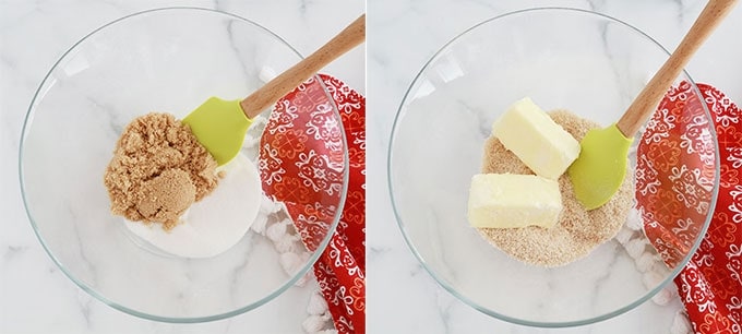 Deux photos : a gauche sucre blanc et cassonade, à droite sucre blanc cassonade et beurre mou