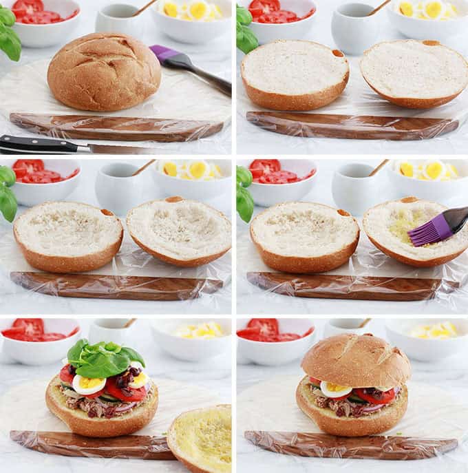 Photos montrant l'assemblage du sandwich pan bagnat nicois.