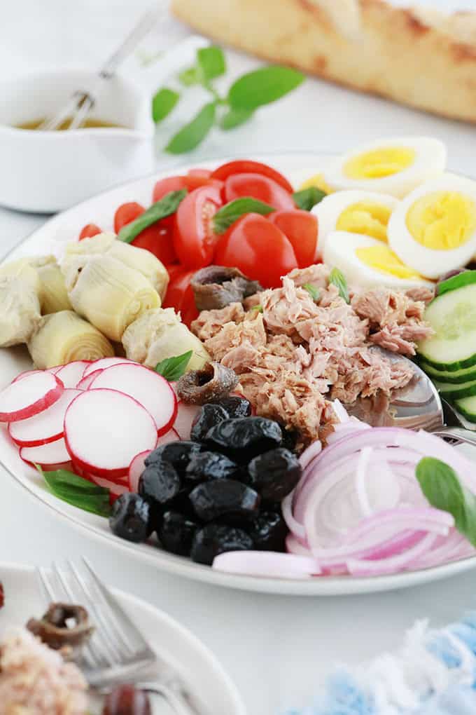 Dans un plat de service : ingrédients de la salade niçoise classique : tomates, oeufs durs, thon, anchois, olives, artichauts, oignon, radis, concombre, basilic.